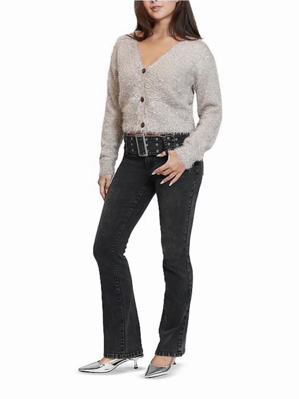 Grommet Belt Low Rise Bootcut Jeans in Washed Black